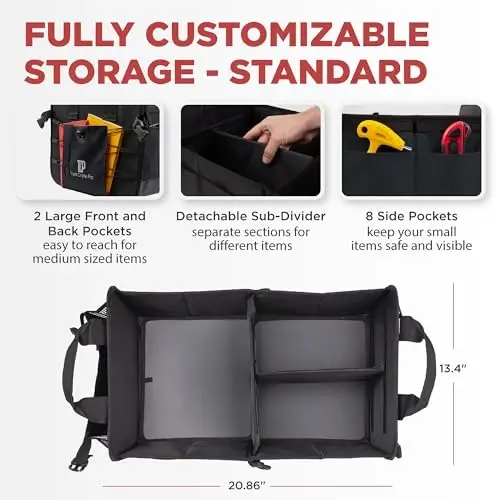 Car & Vehicle Trunk Organizer for SUV, Truck & Auto Storage, Standard Black | Fits Cars, SUVs & Trucks3 Adjustable Compartments Non-Slip Base & Straps Collapsible Heavy-Duty Storage Car Accessories - 2