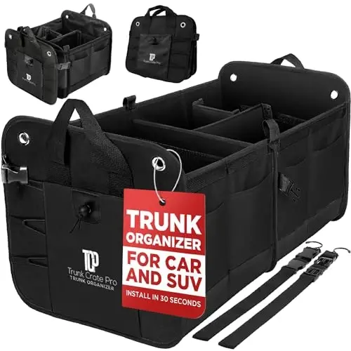 Car Trunk Organizer for SUV & Truck Cargo Storage, Large, Black | Fits Cars, SUVs & Trucks 4 Adjustable Compartments Non-Slip Base & Straps Foldable 11 Pockets Car Accessories 