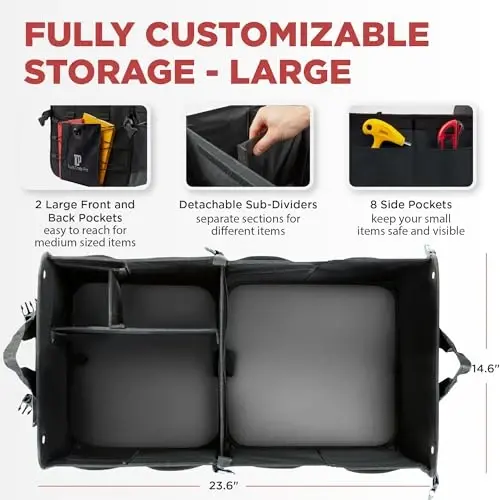 Car Trunk Organizer for SUV & Truck Cargo Storage, Large, Black | Fits Cars, SUVs & Trucks 4 Adjustable Compartments Non-Slip Base & Straps Foldable 11 Pockets Car Accessories - 2