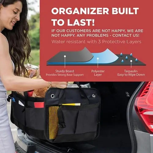 Car Trunk Organizer for SUV & Truck Cargo Storage, Large, Black | Fits Cars, SUVs & Trucks 4 Adjustable Compartments Non-Slip Base & Straps Foldable 11 Pockets Car Accessories - 3