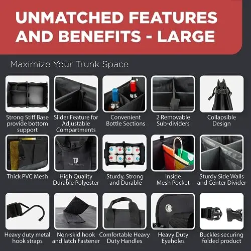 Car Trunk Organizer for SUV & Truck Cargo Storage, Large, Black | Fits Cars, SUVs & Trucks 4 Adjustable Compartments Non-Slip Base & Straps Foldable 11 Pockets Car Accessories - 4