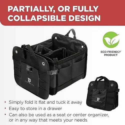 Car Trunk Organizer for SUV & Truck Cargo Storage, Large, Black | Fits Cars, SUVs & Trucks 4 Adjustable Compartments Non-Slip Base & Straps Foldable 11 Pockets Car Accessories - 5