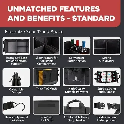 TRUNKCRATEPRO Car Organizers and Storage Premium Adjustable Multi Compartments Car Storage Organizer | Portable and Foldable SUV Trunk Organizer for Car (Standard Size, 20.86