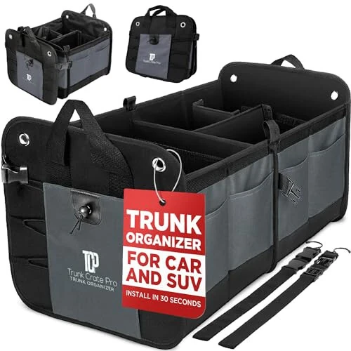 TRUNKCRATEPRO Car Storage Organizer, Gray Car Organizer, Trunk Organizer For Car, Suv, Truck, Premium Multi Adjustable Compartments Collapsible car trunk organizers (Large Capacity) - TRUNKCRATEPRO
