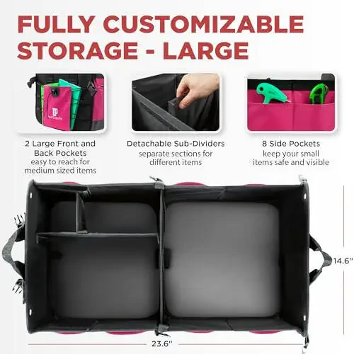 TRUNKCRATEPRO Pink Car Accessories For Women, Trunk Organizer For Car, Suv, Jeep Premium Adjustable Multi Compartments Collapsible (Large Capacity) - 4