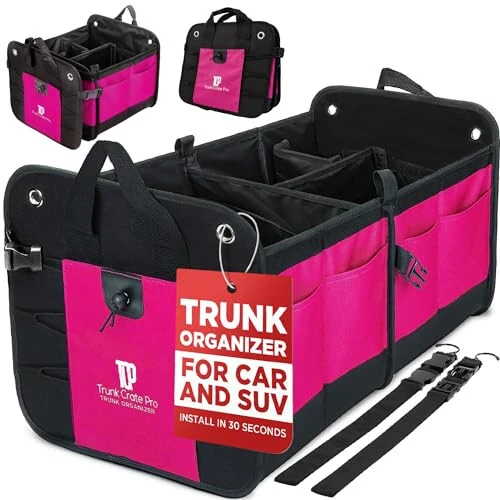 TRUNKCRATEPRO Pink Car Accessories For Women, Trunk Organizer For Car, Suv, Jeep Premium Adjustable Multi Compartments Collapsible (Large Capacity) - TRUNKCRATEPRO