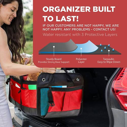 TRUNKCRATEPRO Qizil Avtomobillarga Aksessuarlar Bagaj Tashkilotchisi Avtomobil, SUV Premium Ko'p Qismli Katlanadigan Ko'chma Avtomobil Tashkilotchisi Ayollar Uchun 2 Ta'sirlanuvchan Qayish, Silliq Bo'lmagan Pastki (Katta Sig'im) - 6