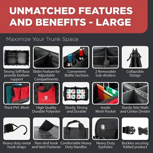 TRUNKCRATEPRO Qizil Avtomobillarga Aksessuarlar Bagaj Tashkilotchisi Avtomobil, SUV Premium Ko'p Qismli Katlanadigan Ko'chma Avtomobil Tashkilotchisi Ayollar Uchun 2 Ta'sirlanuvchan Qayish, Silliq Bo'lmagan Pastki (Katta Sig'im) - 3