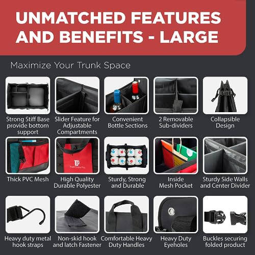 TRUNKCRATEPRO Red Car Accessories Trunk Organizer for Car, SUV Premium Multi Compartments Collapsible Portable Car Organizer for Women W 2 Adjustable straps, non-skid bottom (Large Capacity) - 3