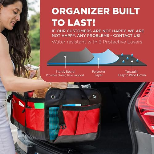 TRUNKCRATEPRO Red Car Accessories Trunk Organizer for Car, SUV Premium Multi Compartments Collapsible Portable Car Organizer for Women W 2 Adjustable straps, non-skid bottom (Large Capacity) - 6
