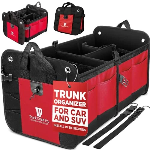 TRUNKCRATEPRO Red Car Accessories Trunk Organizer for Car, SUV Premium Multi Compartments Collapsible Portable Car Organizer for Women W 2 Adjustable straps, non-skid bottom (Large Capacity) - TRUNKCRATEPRO