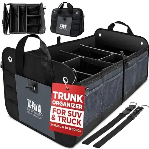 TRUNKCRATEPRO - XL Trunk Organizer For SUV, Car, Truck with 6 Compartments Adjustable Collapsible Portable Non-Skid Premium Cargo Storage Truck Organizer W Straps, Heavy Loads (Extra Large, Gray) - 1