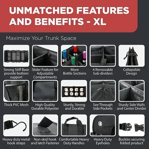 TRUNKCRATEPRO - SUV, Автомобиль, юк машинасы учун 6 та бўлимли, созланувчи йиғилувчи, кўчма сирпанмайдиган премиум юк сақлаш юк ташкилотчиси W тасмалари, оғир юклар (жуда катта, кулранг) учун XL юкхона ташкилотчиси - 5