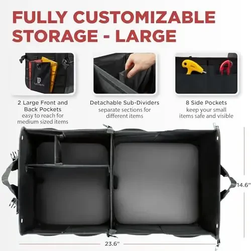 TRUNKCRATEPRO Trunk Organizer For Car, Suv, Truck | Premium Adjustable Multi Compartments Collapsible Car Trunk Organizer With Securing Straps & Non-Slip Bottom (Large Size, Black) - 2