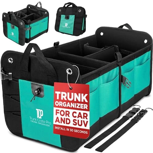 TRUNKCRATEPRO Teal Car Accessories Trunk Organizer Premium Multi Movable Compartments Collapsible car organizer, trunk organizer for Car, Suv, Automotive, gifts (Large Capacity) 