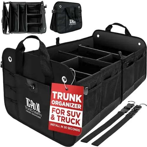 Car Trunk Organizer for SUV, Truck & Auto Cargo Storage, XL Black | Fits Cars, SUVs & Trucks 6 Adjustable Compartments Non-Slip Base & Securing Straps Foldable 11 Pockets Car Accessories 
