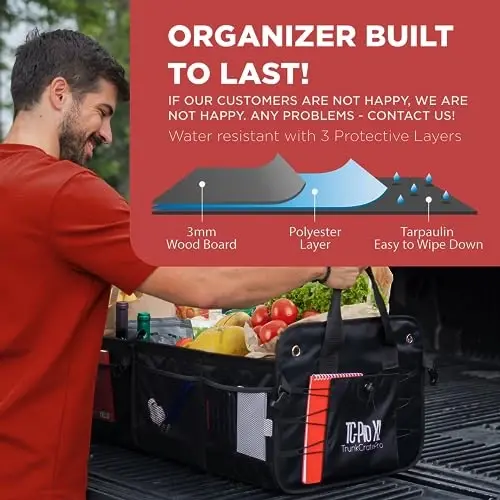Car Trunk Organizer for SUV, Truck & Auto Cargo Storage, XL Black | Fits Cars, SUVs & Trucks 6 Adjustable Compartments Non-Slip Base & Securing Straps Foldable 11 Pockets Car Accessories - 3