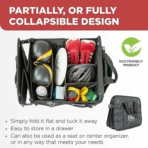 Car Trunk Organizer for SUV, Truck & Auto Cargo Storage, XL Black | Fits Cars, SUVs & Trucks 6 Adjustable Compartments Non-Slip Base & Securing Straps Foldable 11 Pockets Car Accessories - 4