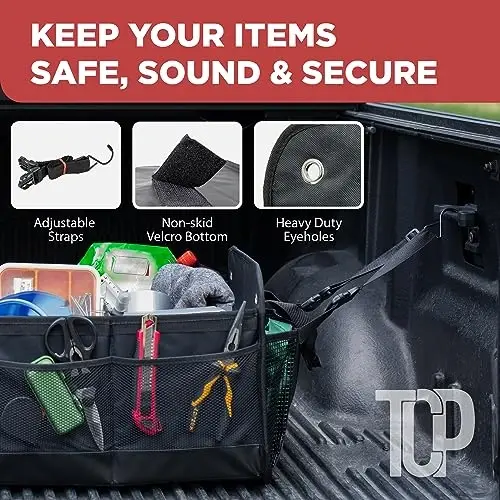 Car Trunk Organizer for SUV, Truck & Auto Cargo Storage, XL Black | Fits Cars, SUVs & Trucks 6 Adjustable Compartments Non-Slip Base & Securing Straps Foldable 11 Pockets Car Accessories - 5