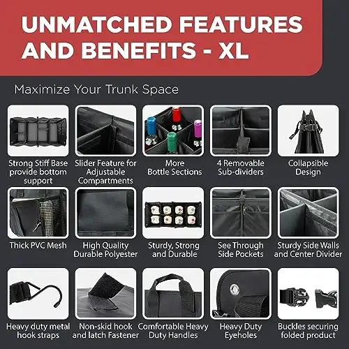 Car Trunk Organizer for SUV, Truck & Auto Cargo Storage, XL Black | Fits Cars, SUVs & Trucks 6 Adjustable Compartments Non-Slip Base & Securing Straps Foldable 11 Pockets Car Accessories - 6