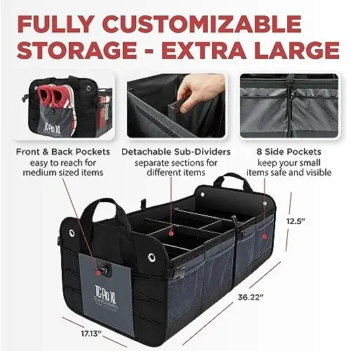 TRUNKCRATEPRO - XL Trunk Organizer For SUV, Car, Truck with 6 Compartments Adjustable Collapsible Portable Non-Skid Premium Cargo Storage Truck Organizer W Straps, Heavy Loads (Extra Large, Gray) - 1