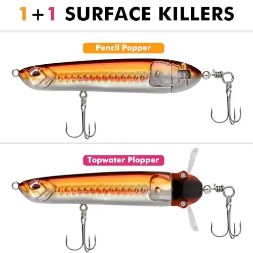 TRUSCEND BKK ilgaklari bilan Top Water Fishing Lures, chuchuk suv yoki sho'r suv uchun Whopper Lure, Bass Catfish Pike uchun suzuvchi lures, Erkaklar uchun Surface Wobble PoPobait Bass Baits Teasers Baliq ovlash sovg'alari - 2