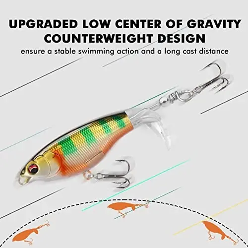 TRUSCEND BKK ilgaklari bilan yuqori suv baliq ovlash uchun mo'ljallangan lurelari, chuchuk suv yoki sho'r suv uchun Whopper lure, Bass Catfish Pike uchun suzuvchi lurelar, erkaklar uchun sirt Wobble PoPobait Bass Baits Teasers baliq ovlash sovg'alari - 4