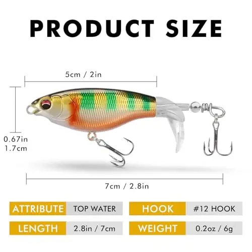 TRUSCEND BKK ilgaklari bilan yuqori suv baliq ovlash uchun mo'ljallangan lurelari, chuchuk suv yoki sho'r suv uchun Whopper lure, Bass Catfish Pike uchun suzuvchi lurelar, erkaklar uchun sirt Wobble PoPobait Bass Baits Teasers baliq ovlash sovg'alari - 6