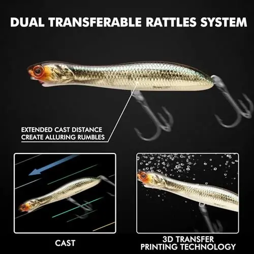 TRUSCEND Top Water Fishing Lures with BKK Hooks, Whopper Lure for Freshwater or Saltwater, Floating Lures for Bass Catfish Pike, Surface Wobble PoPobait Bass Baits Teasers Fishing Gifts for Men - 3