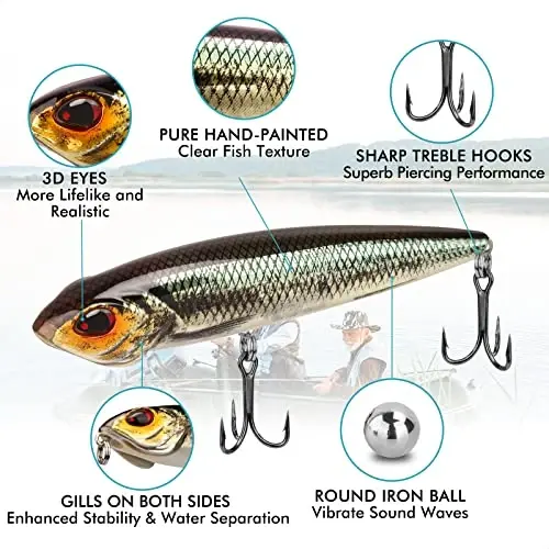 TRUSCEND BKK ilgaklari bilan yuqori suv baliq ovlash uchun mo'ljallangan yemi, chuchuk suv yoki sho'r suv uchun Whopper yemi, Bass Catfish Pike Walleye uchun suzuvchi yemi, Surface Wobble PoPobait Yem Teaserlari erkaklar uchun baliq ovlash sovg'alari - 3