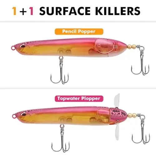 TRUSCEND Top Water Fishing Lures with BKK Hooks, Whopper Lure for Freshwater or Saltwater, Floating Lures for Bass Catfish Pike Walleye, Surface Wobble PoPobait Baits Teasers Fishing Gifts for Men - 2