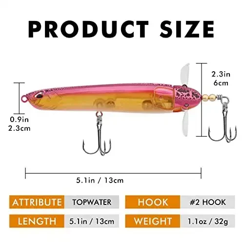 TRUSCEND Top Water Fishing Lures with BKK Hooks, Whopper Lure for Freshwater or Saltwater, Floating Lures for Bass Catfish Pike Walleye, Surface Wobble PoPobait Baits Teasers Fishing Gifts for Men - 6