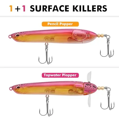 TRUSCEND Top Water Fishing Lures with BKK Hooks, Whopper Lure for Freshwater or Saltwater, Floating Lures for Bass Catfish Pike Walleye, Surface Wobble PoPobait Baits Teasers Fishing Gifts for Men - TRUSCEND (1)