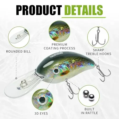 TRUSCEND Easy Catch Crankbait with BKK Hooks, Shallow or Deep Diving Crank Bait Fishing Lures for Bass Pike Walleye, Unipue Wobble Design for More Bites, Vibe Lipless Crankbaits Freshwater Saltwater - TRUSCEND (1)