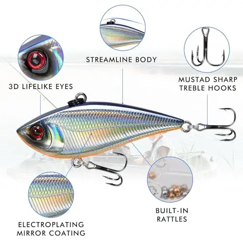 TRUSCEND Easy Catch Crankbait with BKK Hooks, Shallow or Deep Diving Crank Bait Fishing Lures for Bass Pike Walleye, Unipue Wobble Design for More Bites, Vibe Lipless Crankbaits Freshwater Saltwater - TRUSCEND (1)
