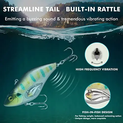 TRUSCEND Easy Catch Crankbait with BKK Hooks, Shallow or Deep Diving Crank Bait Fishing Lures for Bass Pike Walleye, Unipue Wobble Design for More Bites, Vibe Lipless Crankbaits Freshwater Saltwater - 3