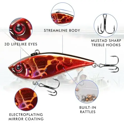 TRUSCEND Easy Catch Crankbait with BKK Hooks, Shallow or Deep Diving Crank Bait Fishing Lures for Bass Pike Walleye, Unipue Wobble Design for More Bites, Vibe Lipless Crankbaits Freshwater Saltwater - TRUSCEND (1)