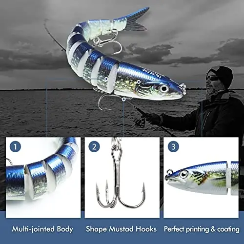 TRUSCEND Easy Catch Swimmax with BKK Hooks, Magic Noisy Wiggling and Vibrating Actions for More Bites, Lifelike Fishing Lures for Bass Trout Walleye Crappie, Strongest Dyneema Fiber Jointed Swimbaits - 3