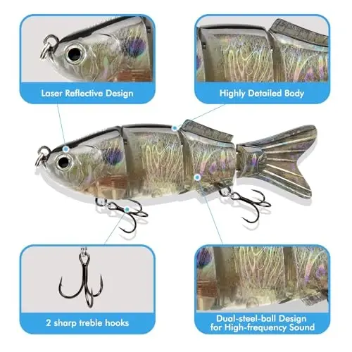 TRUSCEND Easy Catch Swimmax with BKK Hooks, Magic Noisy Wiggling and Vibrating Actions for More Bites, Lifelike Fishing Lures for Bass Trout Walleye Crappie, Strongest Dyneema Fiber Jointed Swimbaits - 4