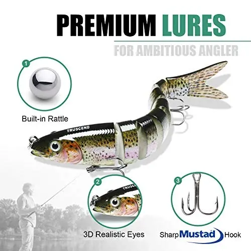TRUSCEND Easy Catch Swimmax with BKK Hooks, Magic Noisy Wiggling and Vibrating Actions for More Bites, Lifelike Fishing Lures for Bass Trout Walleye Crappie, Strongest Dyneema Fiber Jointed Swimbaits - 3