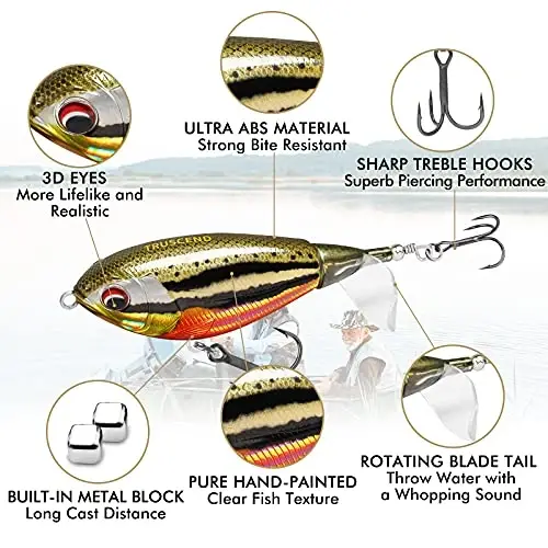 TRUSCEND Top Water Fishing Lures with BKK Hooks, Multifunction Plopper Fishing Lures for Bass Catfish Pike Perch, Topwater Bass Bait Lure with Propeller Tail, Pencil Floating Lure - 1