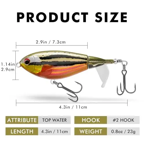 TRUSCEND Top Water Fishing Lures with BKK Hooks, Multifunction Plopper Fishing Lures for Bass Catfish Pike Perch, Topwater Bass Bait Lure with Propeller Tail, Pencil Floating Lure 