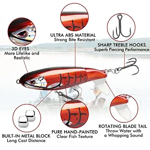 TRUSCEND Top Water Fishing Lures with BKK Hooks, Multifunction Plopper Fishing Lures for Bass Catfish Pike Perch, Topwater Bass Bait Lure with Propeller Tail, Pencil Floating Lure - TRUSCEND