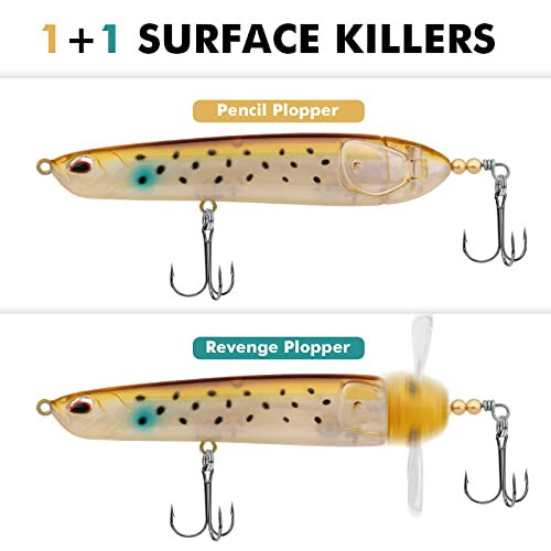 TRUSCEND Top Water Fishing Lures with BKK Hooks, Multifunction Plopper Fishing Lures for Bass Catfish Pike Perch, Topwater Bass Bait Lure with Propeller Tail, Pencil Floating Lure - 2