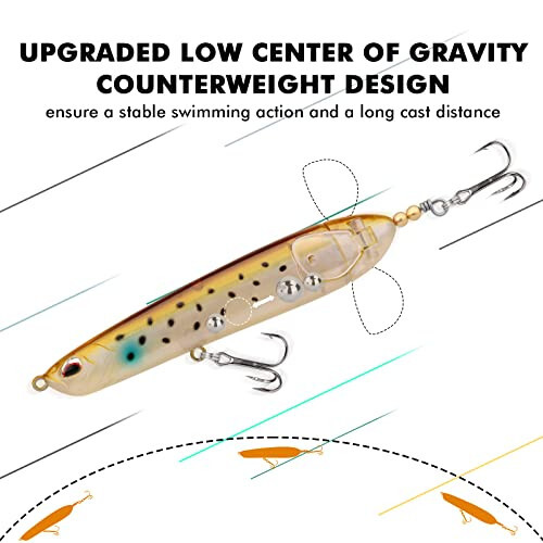 TRUSCEND Top Water Fishing Lures with BKK Hooks, Multifunction Plopper Fishing Lures for Bass Catfish Pike Perch, Topwater Bass Bait Lure with Propeller Tail, Pencil Floating Lure - 7