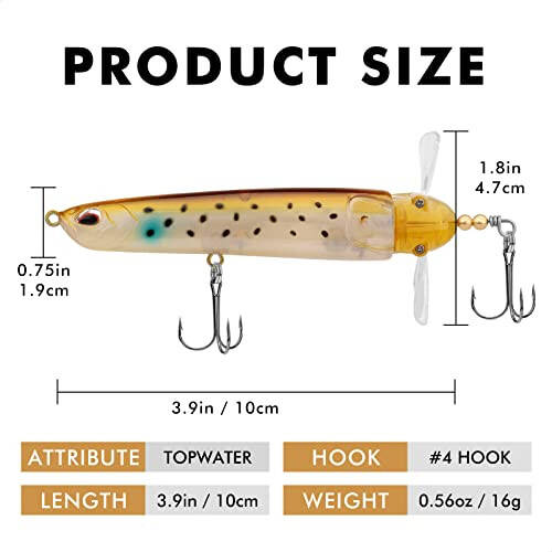 TRUSCEND Top Water Fishing Lures with BKK Hooks, Multifunction Plopper Fishing Lures for Bass Catfish Pike Perch, Topwater Bass Bait Lure with Propeller Tail, Pencil Floating Lure - 8