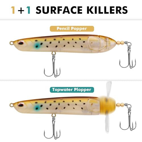 TRUSCEND Top Water Fishing Lures with BKK Hooks, Multifunction Plopper Fishing Lures for Bass Catfish Pike Perch, Topwater Bass Bait Lure with Propeller Tail, Pencil Floating Lure - 6