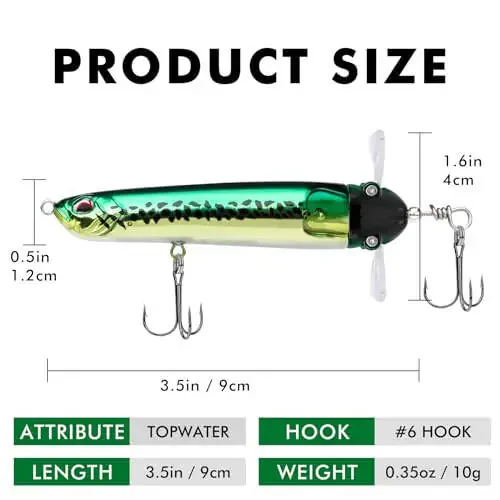 TRUSCEND Top Water Fishing Lures with BKK Hooks, Multifunction Plopper Fishing Lures for Bass Catfish Pike Perch, Topwater Bass Bait Lure with Propeller Tail, Pencil Floating Lure - 3