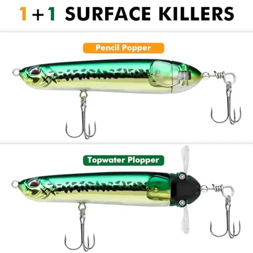 TRUSCEND Top Water Fishing Lures with BKK Hooks, Multifunction Plopper Fishing Lures for Bass Catfish Pike Perch, Topwater Bass Bait Lure with Propeller Tail, Pencil Floating Lure - TRUSCEND