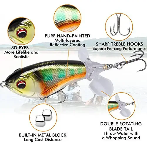 TRUSCEND Top Water Fishing Lures with BKK Hooks, Whopper Fishing Lure for Freshwater or Saltwater, Floating Lure for Bass Catfish Pike, Fishing Wobble Surface Bass Baits Teasers Fishing Gifts for Men - 8